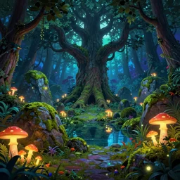 a sanctuary in an enchanted forest!!!, large stones covered with moss, a large tree in the middle!!!!!! surrounded by a pond!!!, night!!! glowing mushrooms, glowing lights, epic fantasy, colorfully, digital art, highly saturated colors, concept art, detailed illustration, hd, 4 k, digital art, greg rutkowski, dan mumford
