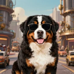 portrait of a cute Bernese with sunglasses in front of a busy steampunk metropolis