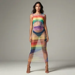 full-length photo of a beautiful woman wearing a sheer rainbow dress, fashion photography