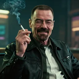 gustavo fring from breaking bad smiling like a maniac, smoking a cigarette, luxury, 4 k, high detail, unreal engine, cyberpunk, blur, artstation