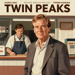 poster artwork by Michael Whelan and Tomer Hanuka, Karol Bak of portrait of Michael Shannon!! the local mechanic clerk at the auto store, from Twin Peaks, clean, simple illustration, nostalgic, domestic, full of details