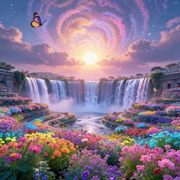 waterfall of light from the sky, fractal clouds, heaven : : vast expanse bioluminescent flower garden of versailles, korean tall palace of fluorescent flowers, tiered waterfalls, butterfly, sky full of petals, colour fluid, magical fractal sunrise, magic dust, bright pastel colors, oriental fantasy, 8 k