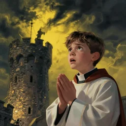 Close-up of a terrified young catholic priest at the top of a medieval tower watching in fear as an ominous yellow shadow descends upon him from the night sky. He is fervently praying but his eyes are wide open with fear. Low angle angle, dramatic lighting. Award-winning digital art, trending on ArtStation