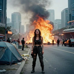 Cinestill 50d candid photography of a city on fire, extreme wide shot of a poor techwear mixed woman wearing makeup crying outside of a futuristic city on fire, cyberpunk, tattoos, homeless tents on the side of the road, military police, extreme long shot, desaturated, full shot, action shot, blurry, 4k, 8k, hd, full color