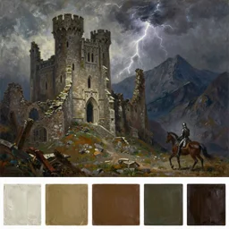 zorn palette, gothic castle ruins, a knight passing by on horseback, thunderstorm, very high mountains in the background, oil painting,
