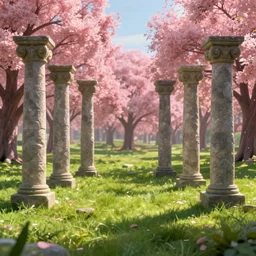 a set of stone columns in a pleasant grassland. pink trees at the background, digital art, mtg