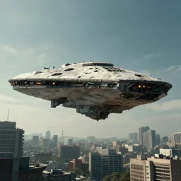 cinematic still of a brutalist starship hovering over a city