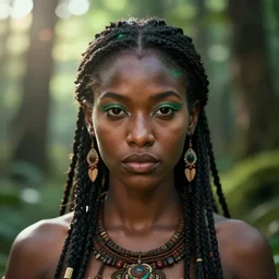 beautiful portrait, ( ( head shot ) ), tribal, brown skin, sharp focus, ffxiv, neo classic, bloom, movie still, dogi, sony, symmetrical, makeup, sephora, loreal, green highlights, lens, flare, studio light, octane render, maybelline, model, forest, traditional, vsco, bokeh, 8 k
