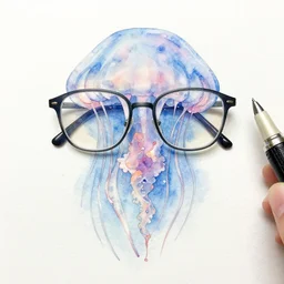 a crystal jellyfish wearing glasses, glasses frames, watercolor and pen