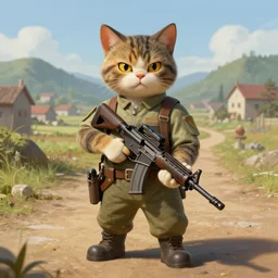stern - looking anthropomorphic cat field medic with an assault rifle standing on a dirt road with a rural town in the background, matte fantasy painting, highly detailed, d & d artwork by akira toriyama, trending on artstation, 4 k, volumetric lighting