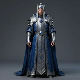 concept art, full body portrait of king sorcerers, ornate, Blue and silver, armor, robes, Hyperrealistic, 4K, Unreal Engine, Highly Detailed, Dramatic Lighting
