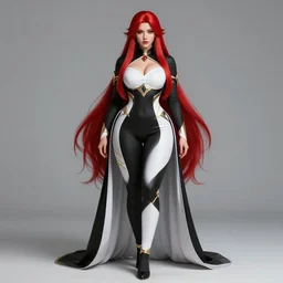 Full body Portrait of a female elementalist, black-white skintight robes!, leggins, golden accessories, garments, thick legs, thick hips, fiery red hair!, long straight hair, sculptured face, blue eyes, red lipstick, floating, orange fire/blue ice duality!, dual magics, extremely detailed, by frank franzzeta, WLOP, Genzoman and gary gygax, trending on artstation, artstationHD, artstationHQ, deviantart, 16K, HD, matte painting, vibrant colors