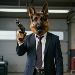 film still of furry anthro anthropomorphic german shepard head animal person fursona wearing clothes a suit and tie standing holding a gun in a garage in an action movie posing for the camera 2020, 4k