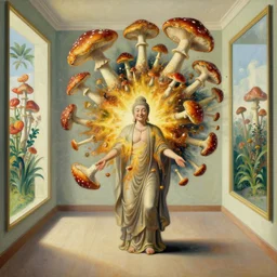 hyperrealistic still life painting of a boddhisatva's mind exploding mushrooms everywhere, while she is smiling, slow motion mind explosion, in a hall of mirrors, morning light, by caravaggio, botanical print, surrealism, vivid colors, golden ratio, negative space, minimalist composition, in style of jugendstil, and maxfield parrish,, by moebius, by james ture
