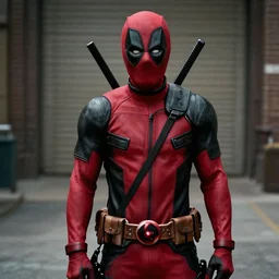 film still, American Psycho in deadpool suit
