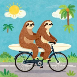 a couple of sloths riding a bike with a surfboard, by tim biskup, tom bonson folk art, whimsical, storybook illustration