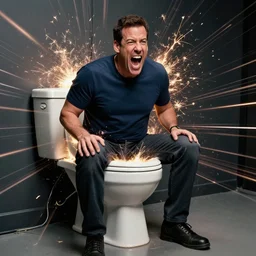no negative space uhd hyperrealistic photorealisitc hyperdetailed detailed adam sandler screaming on the toilet!!!!!!!!!!, motion lines!!!! sparks flying!!! motion blur!! with sparking circuits, studio lighting, by phil hale!!!! goya!!! ayami kojima amano karol bak, greg hildebrandt and mark brooks