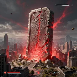 a huge towering and broken stone tablet with red light stands in the center of a prosperous city at the end of the world, and the power and energy is explode, secret, mysterious, doomsday, landscape, video game control, quantum break, arknights