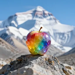 an apple made of rainbow crystal is sitting on the peak of mount everest, clear focus, bokeh effect, high res, hasselblad, professional photo