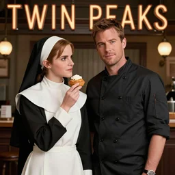Twin Peaks poster artwork, portrait of Channing Tatum the local pastry chef flirting with Emma Watson nun, from scene from Twin Peaks by Michael Whelan, Bob Larkin and Tomer Hanuka, simple illustration, domestic, nostalgic, clean, full of details, by Makoto Shinkai and thomas kinkade, Matte painting, trending on artstation and unreal engine, New Yorker magazine cover