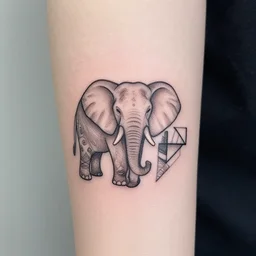 small fine line art tattoo of a stylized elephant with abstract geometric patterns surrounding it, fine line tattoo, highly detailed, hd