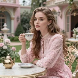 cinestill 5 0 d editorial portrait of a dreamy beautiful woman britt marling 3 / 4 by roversi taking a tea sitting on a baroque table in a dystopian baroque garden, long hair, wearing lace, 5 0 mm lens, 8 k, elegant, highly detailed, pale pink matt, soft blur, artstation, sharp focus, head in focus, hiper realistic,