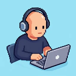a bald hipster with headphones and a laptop, isometric pixelart!!, pixel art