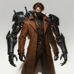 a highly detailed illustration of thick wavy brown haired young white guy wearing brown coat and face mask, black mechanical arms rising from his back, dramatic standing pose, intricate, elegant, highly detailed, centered, digital painting, artstation, concept art, smooth, sharp focus, league of legends concept art, WLOP