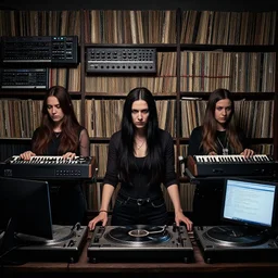 warrior women guarding a wall of records, synthesizers, turntables and computers, dark, realistic, intimidating