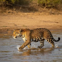 a lone jaguar crossing a river, national geographic, golden hour