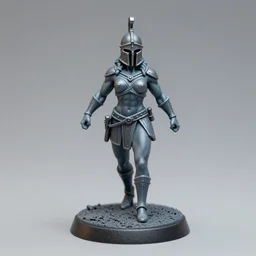 80mm resin detailed miniature of a helmeted muscular woman in full-face iron helmet, on textured disc base; Product Introduction Photos, 4K, Full body