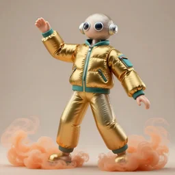 a single beautiful slender figurine of a tall giant inflated space woman wearing over sized gold teal puffy bomber jacket, long bendy arms and legs, googly eyes, tareme eyes, small head, personification, dynamic pose, detailed product photo, tone mapped, beautiful composition, orange mist swirling at feet, 8 5 mm, f 5. 8