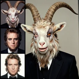 actor Marty Feldman in Elaborate Pan Satyr Goat Man Makeup and prosthetics designed by Rick Baker, Hyperreal, Head-shot photos in the style of Annie Leibovitz