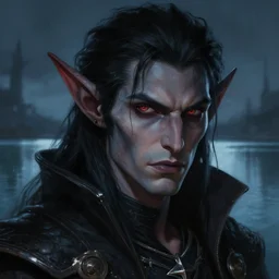 dungeons and dragons character dark evil elf closeup portrait, dramatic light, lake background, 2 0 0 mm focal length, painted by stanley lau, painted by greg rutkowski, painted by stanley artgerm, digital art, trending on artstation