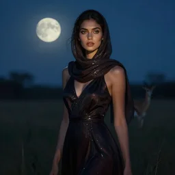 lush luminous twilight portrait in mysterious femininity, ethnic, clear eyes, statuesque, gazelle - like, confident realistic face, radiant skin, dark gown and scarf, svelte fashion design, bathed in moonlight, chiaroscuro, impressionism, natural color scheme, silhouette, glint highlights, deep rich hues, illustration