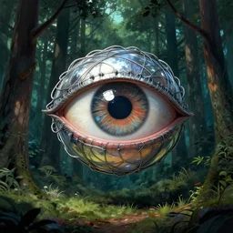 a big eye wrapped in wires floats above the ground in a dense forest, illustration by john taylor dismukes, by dave lafleur, luis royo artwork, smooth shading, ultra detailed, high resolution, cinematic, chrome art, rich deep colors, unreal 6