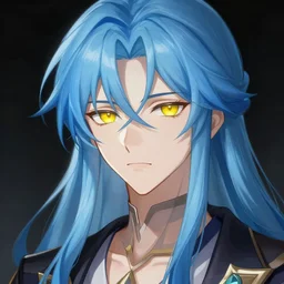 portrait of rimuru tempest reincarnated, male, thin pursed lips, sharp jaw yellow iris very narrow very tiny eyes blue hair soft hair blue long length hair, anime, fantasy, intricate, elegant, highly detailed, digital painting, artstation sharp focus, hunterpedia madonna art by artgerm and ruan jia and ross tran