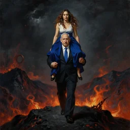 Benjamin Netanyahu carrying Sara Netanyahu on his shoulders up a black mountain in hell, extreme wide shot, mythology oil painting, detailed