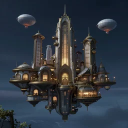 a floating city in a night sky, with steampunk art nouveau architecture and dirigibles floating in the air, cityscape, trending on artstation