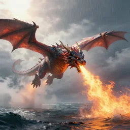 giant mythical dragon flying across the ocean breathing fire, trending on artstation, digital art, fog, fire, heat, steam, sun flare, rain