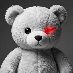 monochromatic teddy bear with a black button for one eye and a glowing red blade like shape for another eye.