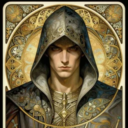 head-on symmetrical centered painted portrait, male imp rogue assassin, art nouveau, tarot card style, complex fractal tarot card background, fantasy, intricate, elegant, highly detailed, smooth, sharp focus, illustration, artstation, in the style of Artgerm and Anna Podedworna and Alex Ross and Mucha