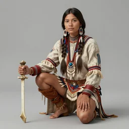 a beautiful native american girl, she is half - crouched, in hand a bone weapon, under her feet is a sit big cat. comanche, anime, manga, hyper detailed, 8 k, hdri, digital painting, artstation, cg