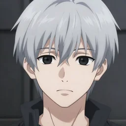 an emotionless anime boy with silver hair that's slicked back and pure black eyes in anime art style, detailed
