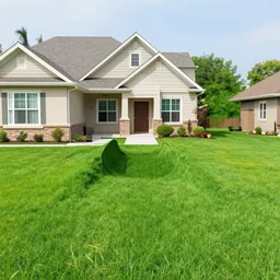photo of a suburban house inside an underground tunnel, fake grass, fake sky, fake windows, fake flowers, house, front door