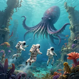 Astronauts and some mythical animals are under the sea, they are swimming away from the giant kraken, the kraken is behind chasing them, this is an extravagant planet with wacky wildlife, the background is full of ancient ruins, by Jordan Grimmer digital art, trending on Artstation,