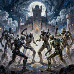 cyberpunk cyborg fighting skeleton warriors, dramatic light, castle background, clouds, arctic, snow moon, storm, night, high detail, fantasy background, painted by stanley lau, painted by greg rutkowski, painted by stanley artgerm, digital art, trending on artstation