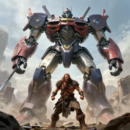 a colossal robot looming down to a fierce barbarian