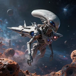 Matte painting of a technologically advanced alien lifeform floating before a intergalactic spacecraft being build in an alien civilization on a porus planet found deep in the colorful outer reaches of space