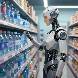 a cyborg in a store contemplating which brand of water to buy while shopping, digital painting, illustration, high quality, futuristic art style, cyberpunk, style by jordan grimmer and greg rutkowski